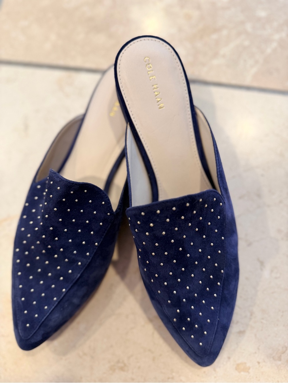 Cole Haan Navy Suede Pointed Studded Slip-On Mules - Picture 4 of 4